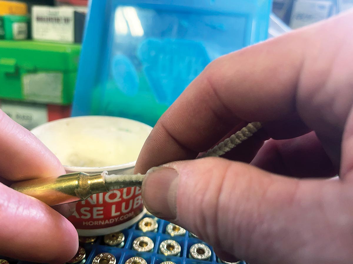 While expanding 6.5 Grendel case necks up to 7mm, Patrick tried two approaches to smooth sizing. He first tried Hornady Unique case lube swabbed on the inside of the necks only. This worked well, but required cleaning after sizing.